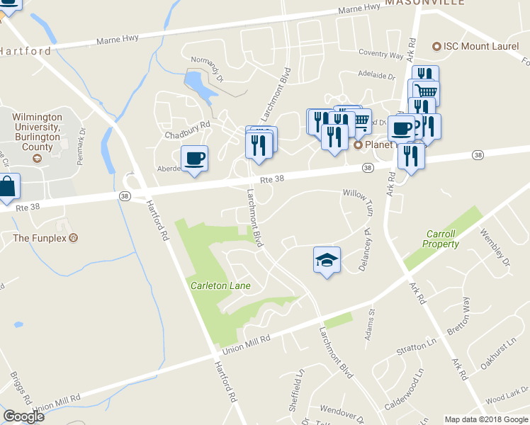 map of restaurants, bars, coffee shops, grocery stores, and more near 108 Willow Turn in Mount Laurel Township