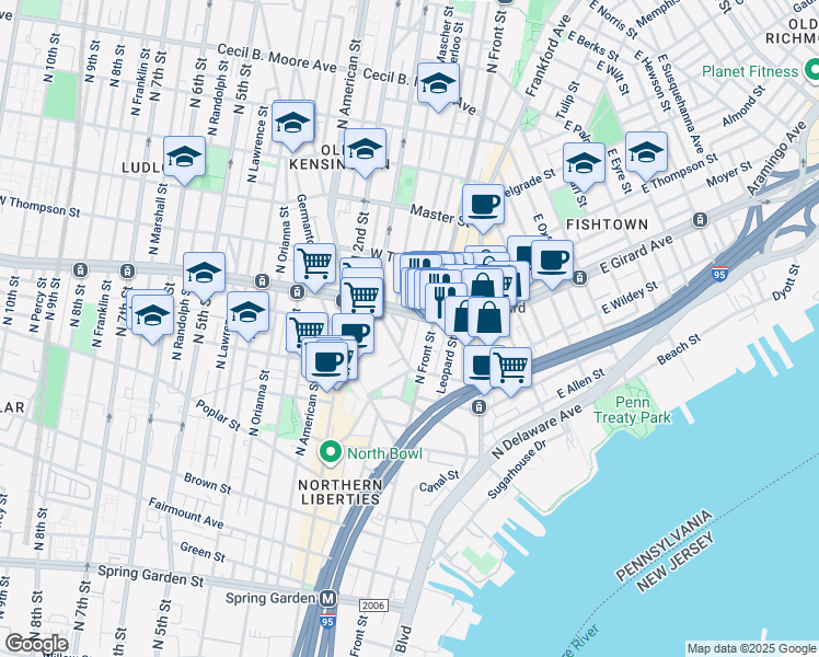 map of restaurants, bars, coffee shops, grocery stores, and more near 1127 North Howard Street in Philadelphia