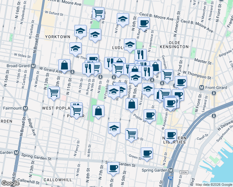 map of restaurants, bars, coffee shops, grocery stores, and more near 994 North Marshall Street in Philadelphia