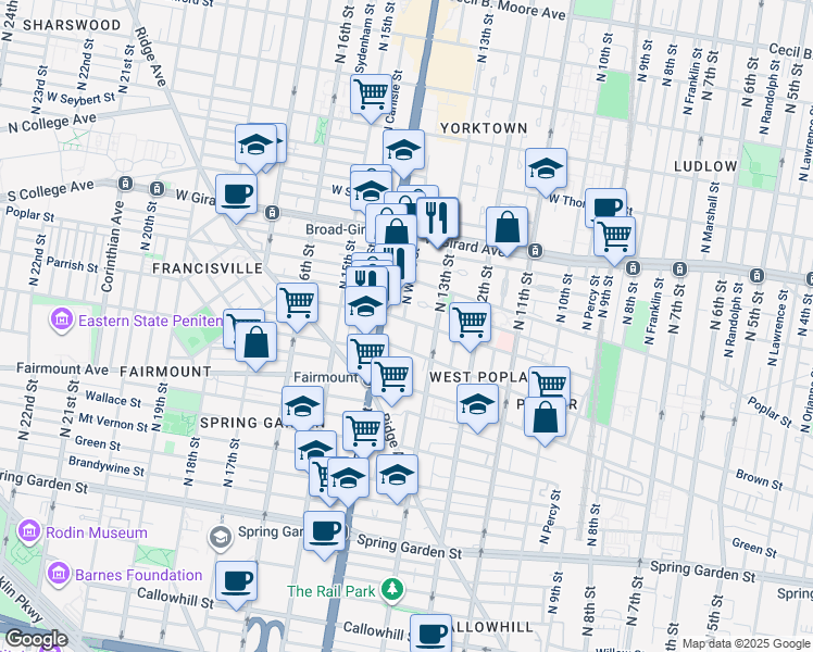map of restaurants, bars, coffee shops, grocery stores, and more near 1330 Parrish Street in Philadelphia