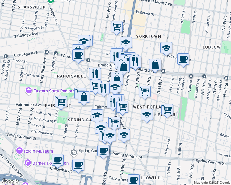 map of restaurants, bars, coffee shops, grocery stores, and more near in Philadelphia