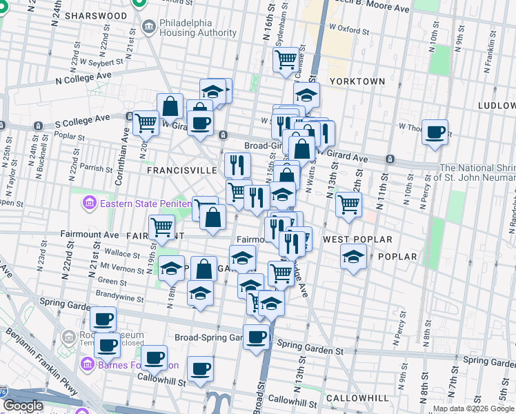 map of restaurants, bars, coffee shops, grocery stores, and more near 1504 Parrish Street in Philadelphia