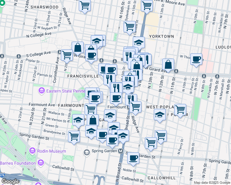map of restaurants, bars, coffee shops, grocery stores, and more near 1504 Parrish Street in Philadelphia