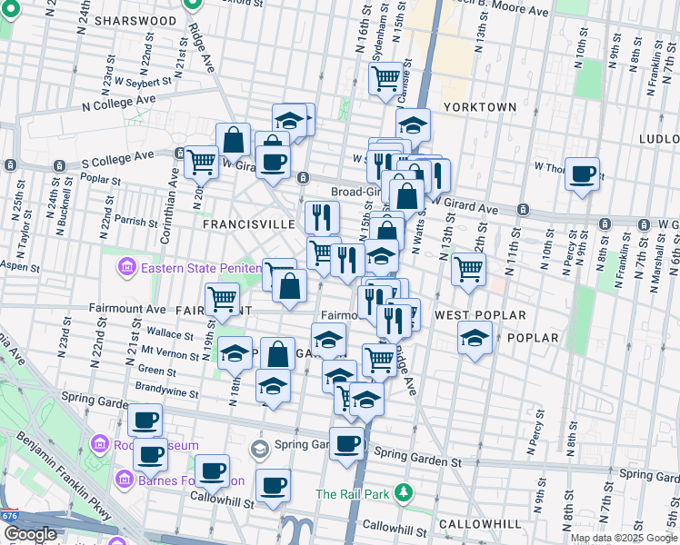 map of restaurants, bars, coffee shops, grocery stores, and more near 1504 Parrish Street in Philadelphia