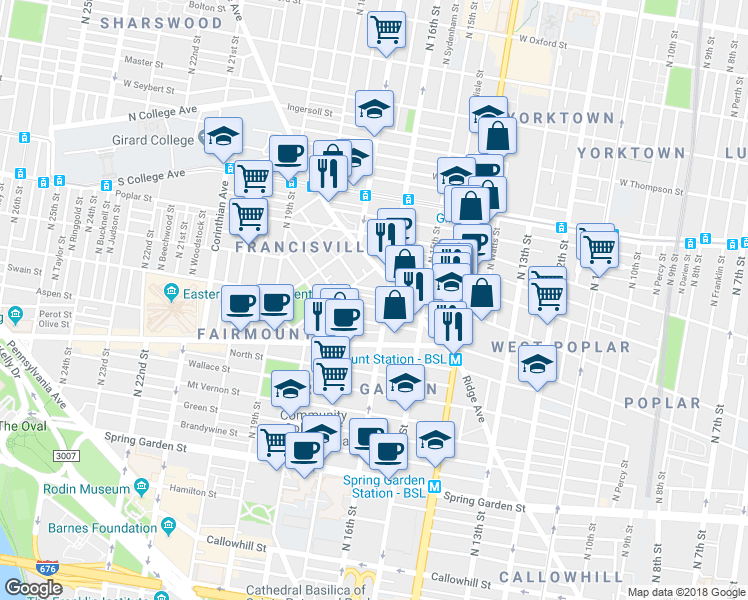 map of restaurants, bars, coffee shops, grocery stores, and more near 1530-32 Parrish Street in Philadelphia