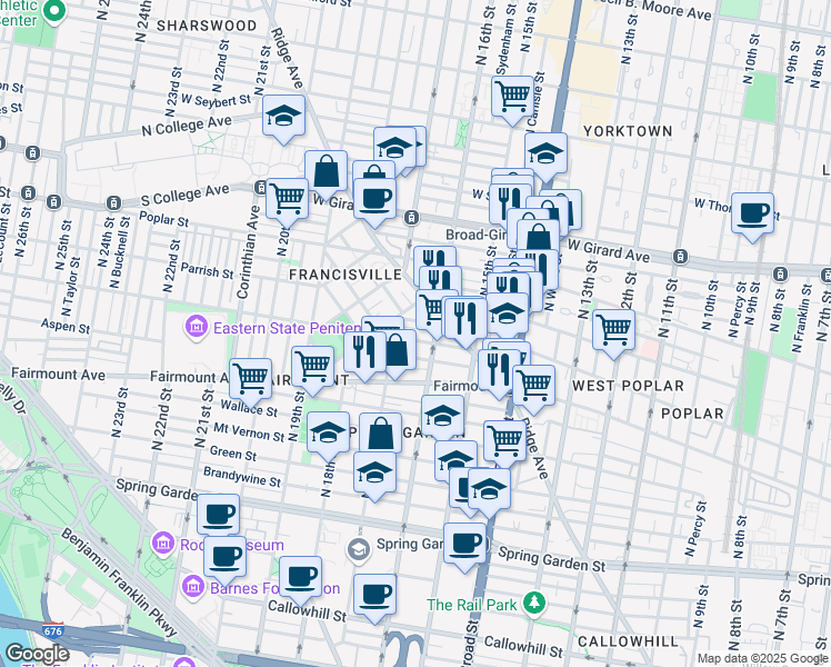 map of restaurants, bars, coffee shops, grocery stores, and more near 1530-32 Parrish Street in Philadelphia
