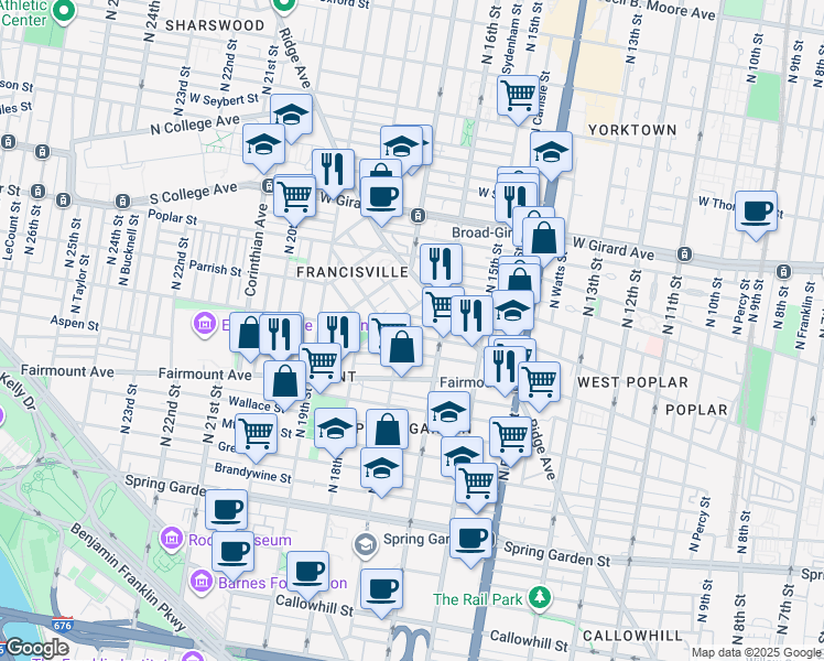 map of restaurants, bars, coffee shops, grocery stores, and more near 1700 Francis Street in Philadelphia