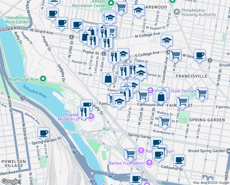 map of restaurants, bars, coffee shops, grocery stores, and more near in Philadelphia