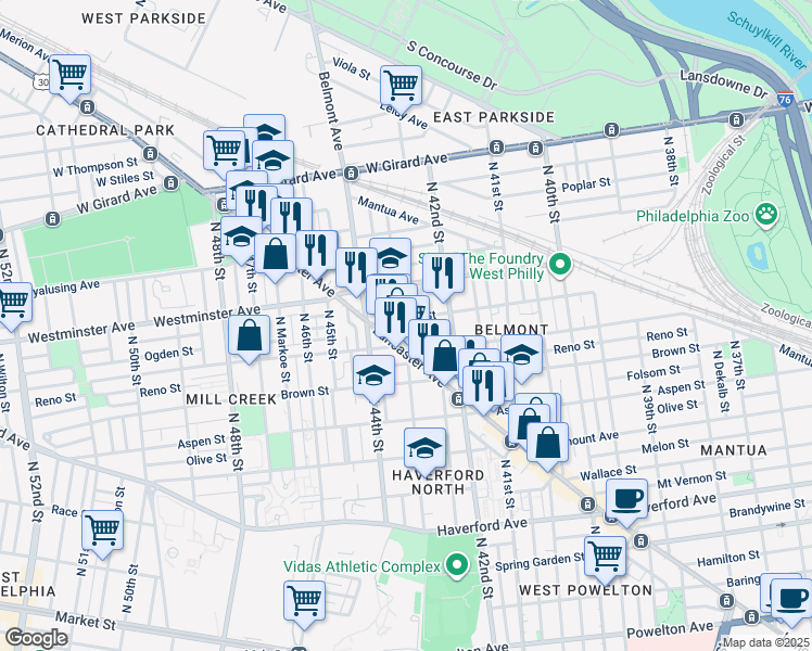 map of restaurants, bars, coffee shops, grocery stores, and more near 4255 Ogden Street in Philadelphia