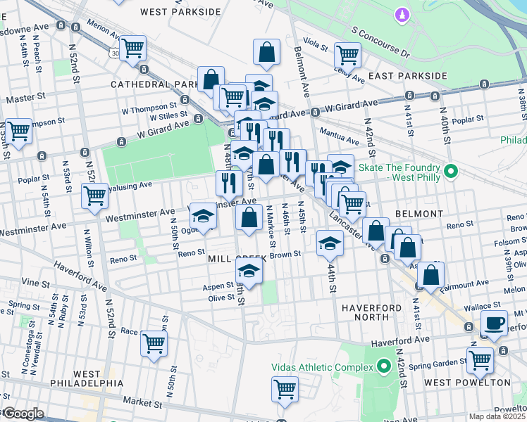 map of restaurants, bars, coffee shops, grocery stores, and more near 4610 Westminster Avenue in Philadelphia