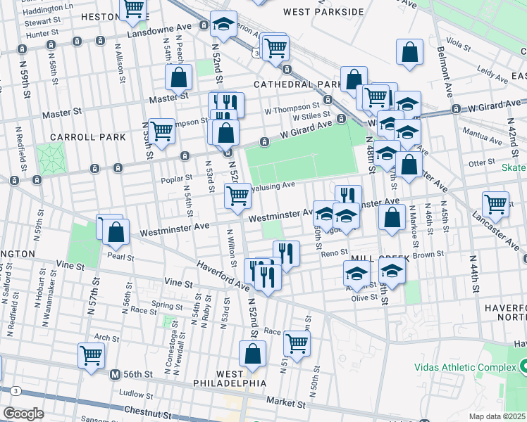 map of restaurants, bars, coffee shops, grocery stores, and more near 5109 Westminster Avenue in Philadelphia