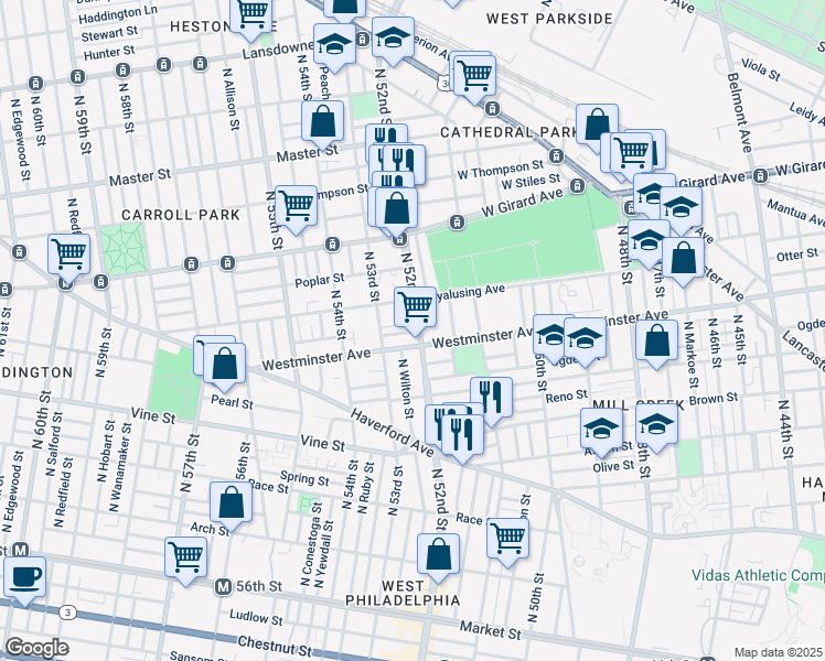 map of restaurants, bars, coffee shops, grocery stores, and more near 533 North 52nd Street in Philadelphia
