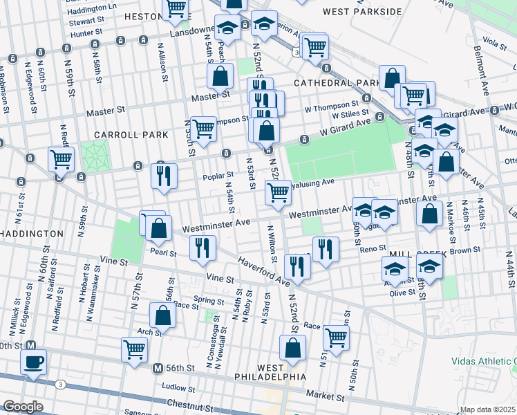 map of restaurants, bars, coffee shops, grocery stores, and more near 525 North 53rd Street in Philadelphia