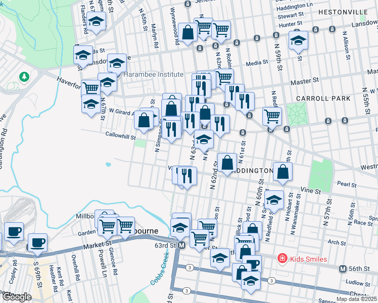 map of restaurants, bars, coffee shops, grocery stores, and more near 6311 Callowhill Street in Philadelphia