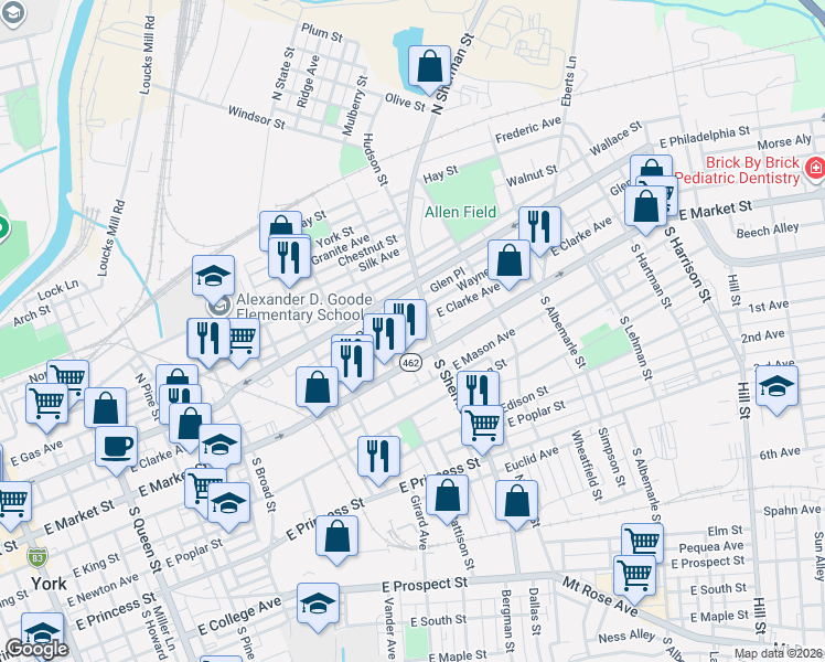 map of restaurants, bars, coffee shops, grocery stores, and more near 713-737 East Clarke Avenue in York
