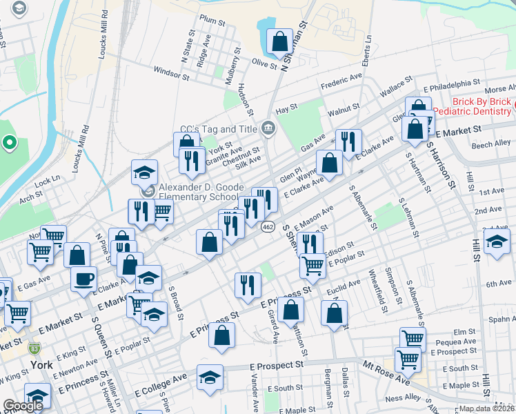 map of restaurants, bars, coffee shops, grocery stores, and more near 713-737 East Clarke Avenue in York