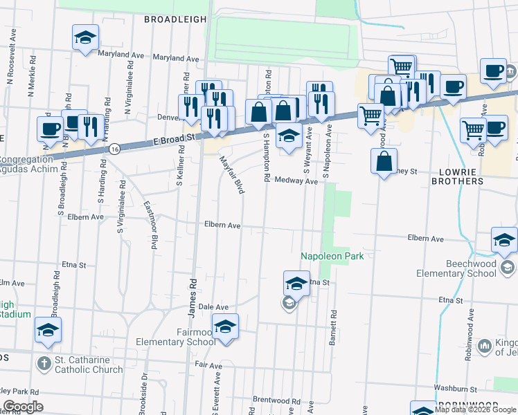 map of restaurants, bars, coffee shops, grocery stores, and more near 156 South Hampton Road in Columbus