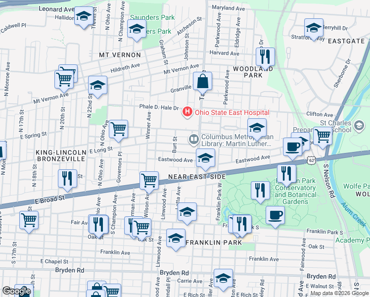 map of restaurants, bars, coffee shops, grocery stores, and more near 1404 East Long Street in Columbus