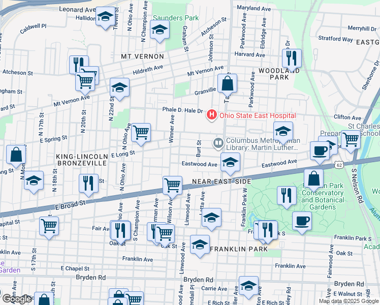 map of restaurants, bars, coffee shops, grocery stores, and more near 1359 East Long Street in Columbus