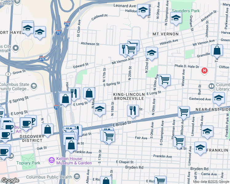 map of restaurants, bars, coffee shops, grocery stores, and more near 184-186 North 18th Street in Columbus