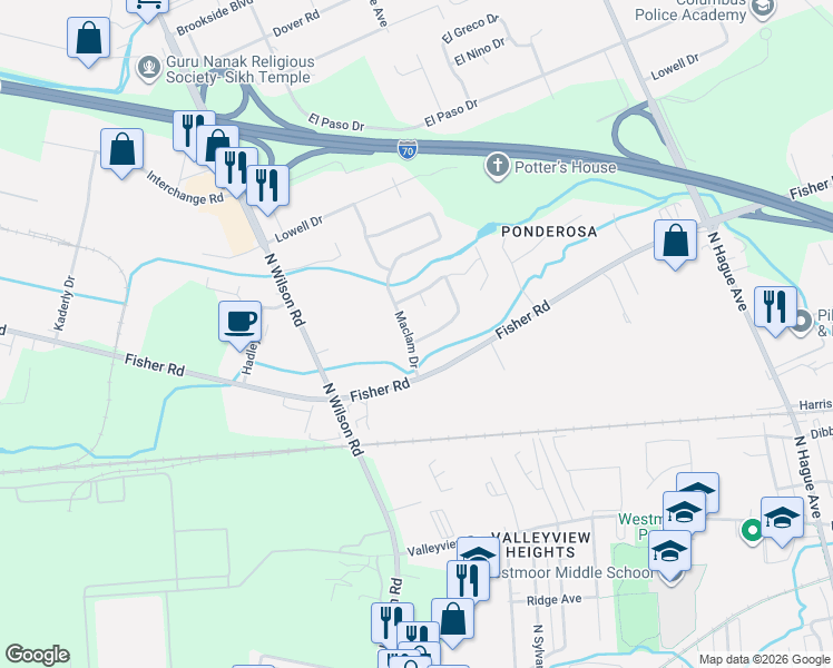 map of restaurants, bars, coffee shops, grocery stores, and more near 719 Maclam Drive in Columbus