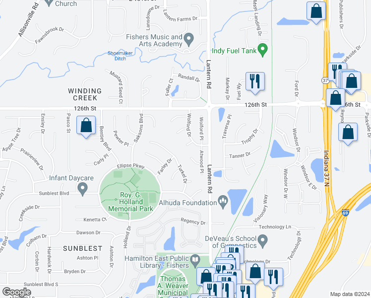 map of restaurants, bars, coffee shops, grocery stores, and more near 7982 Wolford Court in Fishers