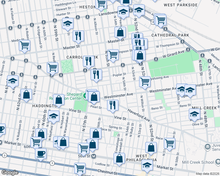 map of restaurants, bars, coffee shops, grocery stores, and more near 5521 Wyalusing Avenue in Philadelphia