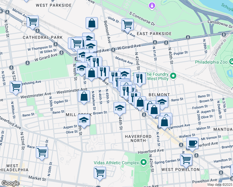 map of restaurants, bars, coffee shops, grocery stores, and more near 4400 Lancaster Avenue in Philadelphia