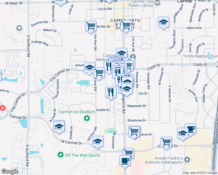 map of restaurants, bars, coffee shops, grocery stores, and more near 100 City Center Drive in Carmel
