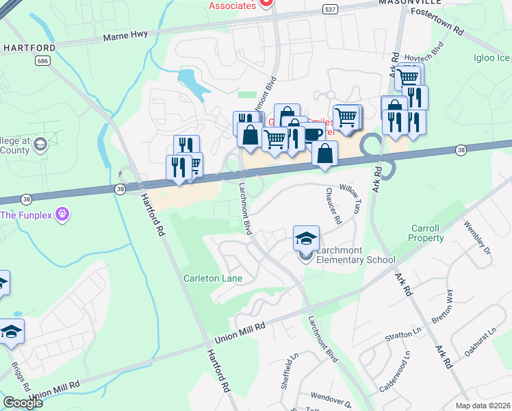 map of restaurants, bars, coffee shops, grocery stores, and more near 108 Willow Turn in Mount Laurel Township