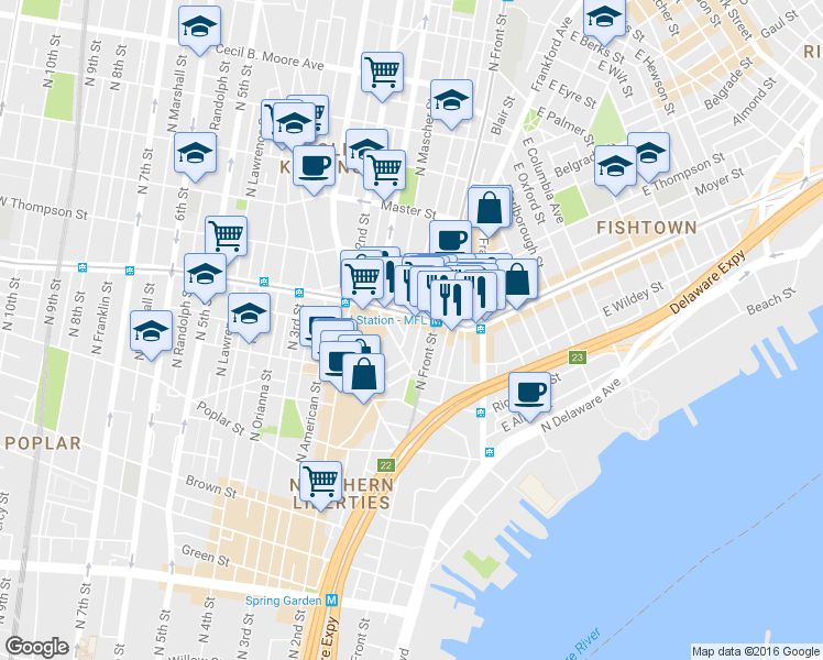 map of restaurants, bars, coffee shops, grocery stores, and more near 1127 North Howard Street in Philadelphia