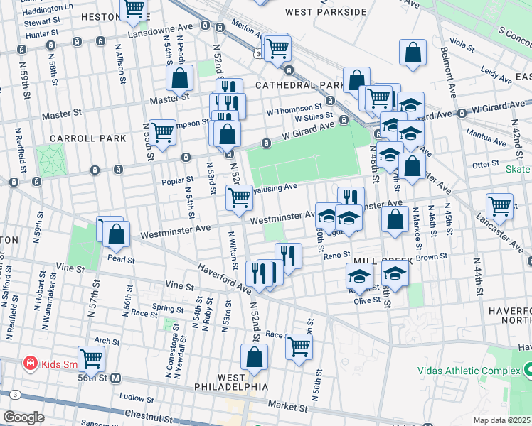 map of restaurants, bars, coffee shops, grocery stores, and more near 5109 Westminster Avenue in Philadelphia