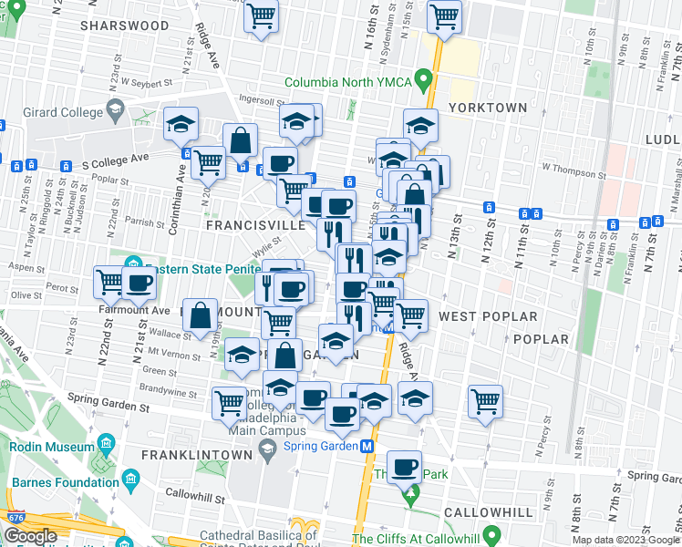 map of restaurants, bars, coffee shops, grocery stores, and more near 1526 Ridge Avenue in Philadelphia