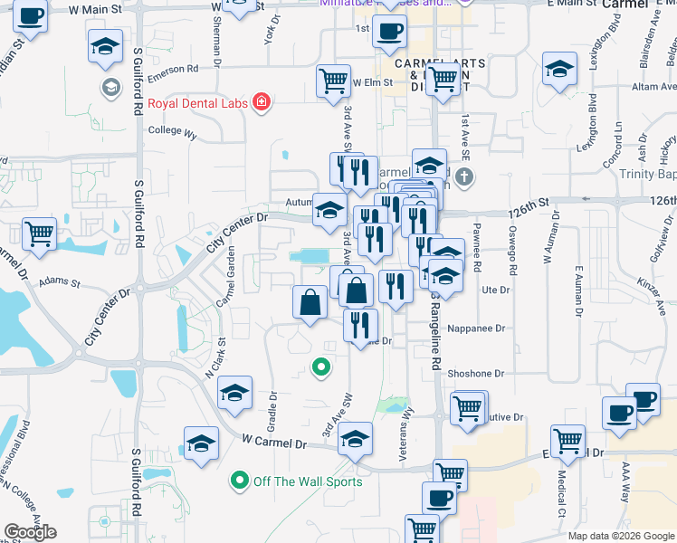 map of restaurants, bars, coffee shops, grocery stores, and more near 400-498 American Way North in Carmel