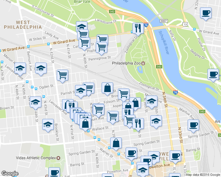map of restaurants, bars, coffee shops, grocery stores, and more near 3852 Parrish Street in Philadelphia