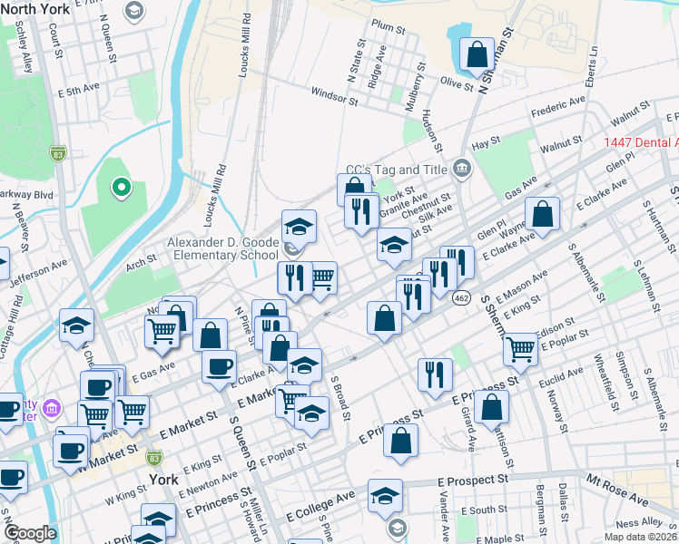 map of restaurants, bars, coffee shops, grocery stores, and more near 474 Wallace Street in York