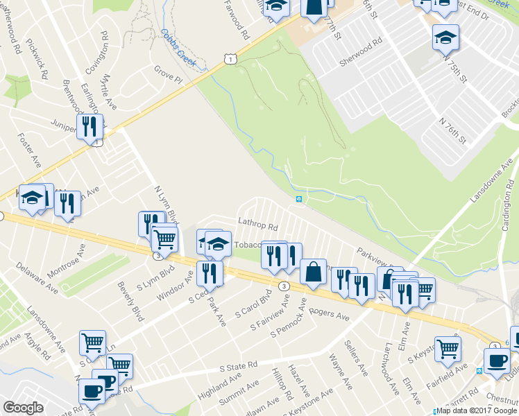map of restaurants, bars, coffee shops, grocery stores, and more near 229 North Cedar Lane in Upper Darby