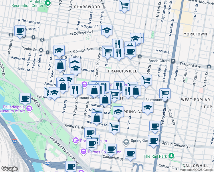 map of restaurants, bars, coffee shops, grocery stores, and more near 760 North Uber Street in Philadelphia