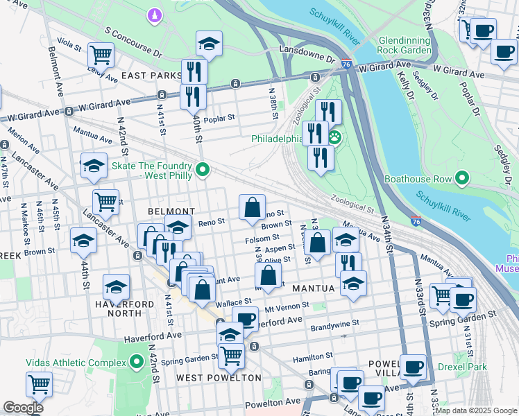 map of restaurants, bars, coffee shops, grocery stores, and more near 3852 Parrish Street in Philadelphia