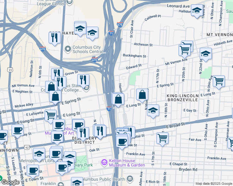 map of restaurants, bars, coffee shops, grocery stores, and more near 705 East Spring Street in Columbus