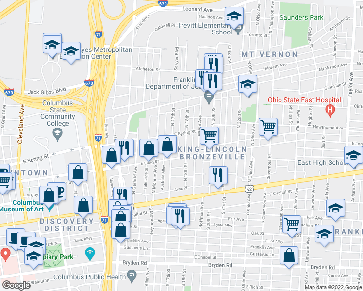 map of restaurants, bars, coffee shops, grocery stores, and more near 163 North 18th Street in Columbus