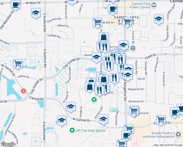map of restaurants, bars, coffee shops, grocery stores, and more near 451 American Way North in Carmel