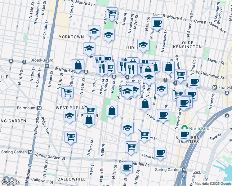 map of restaurants, bars, coffee shops, grocery stores, and more near 901 North 8th Street in Philadelphia
