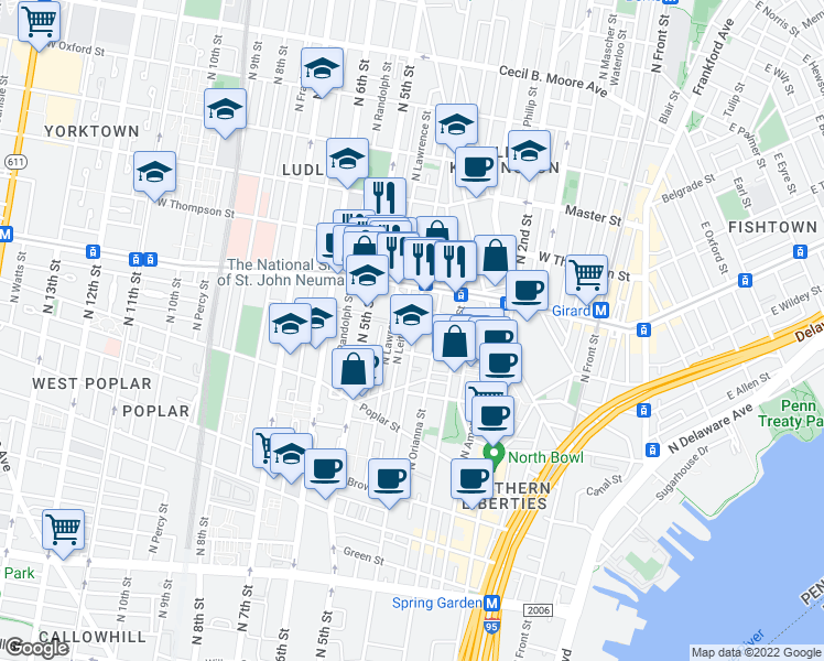 map of restaurants, bars, coffee shops, grocery stores, and more near 1124 North 4th Street in Philadelphia