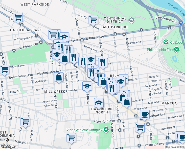 map of restaurants, bars, coffee shops, grocery stores, and more near 840 North 43rd Street in Philadelphia