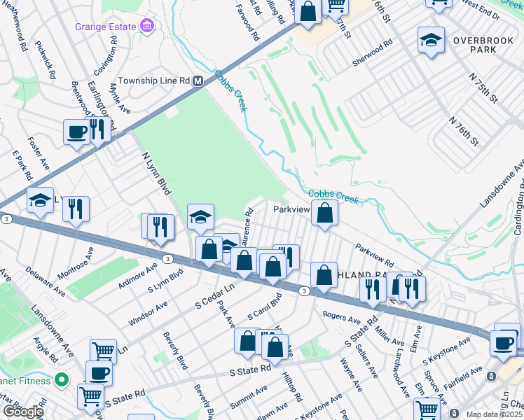 map of restaurants, bars, coffee shops, grocery stores, and more near 222 North Cedar Lane in Upper Darby