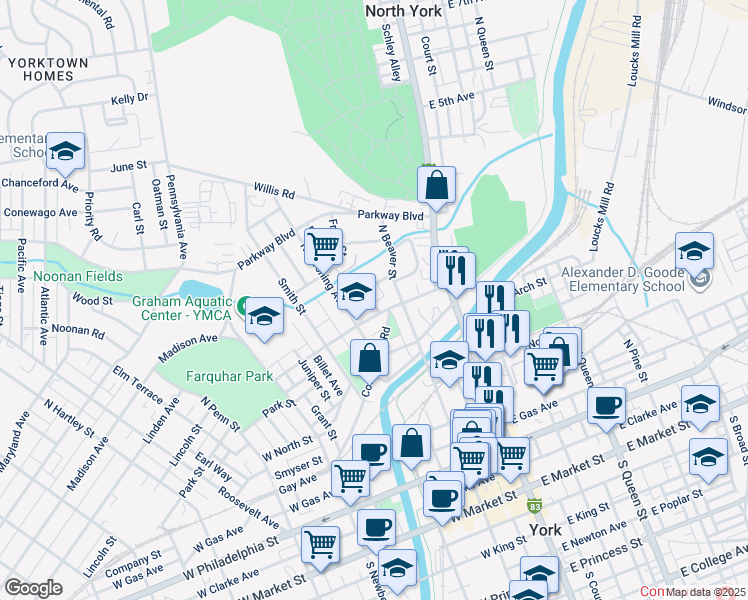 map of restaurants, bars, coffee shops, grocery stores, and more near 517 Thomas Street in York