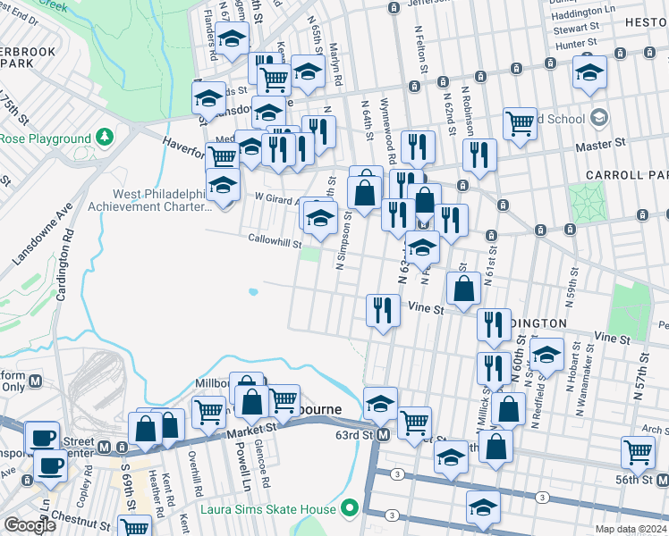 map of restaurants, bars, coffee shops, grocery stores, and more near 340 North Simpson Street in Philadelphia