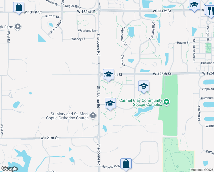 map of restaurants, bars, coffee shops, grocery stores, and more near 12415 Shelborne Road in Carmel
