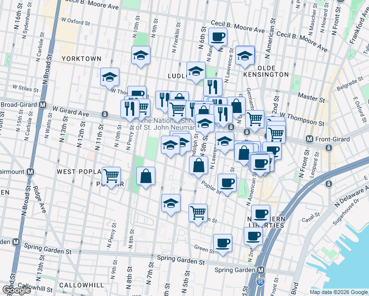 map of restaurants, bars, coffee shops, grocery stores, and more near 952 North 6th Street in Philadelphia